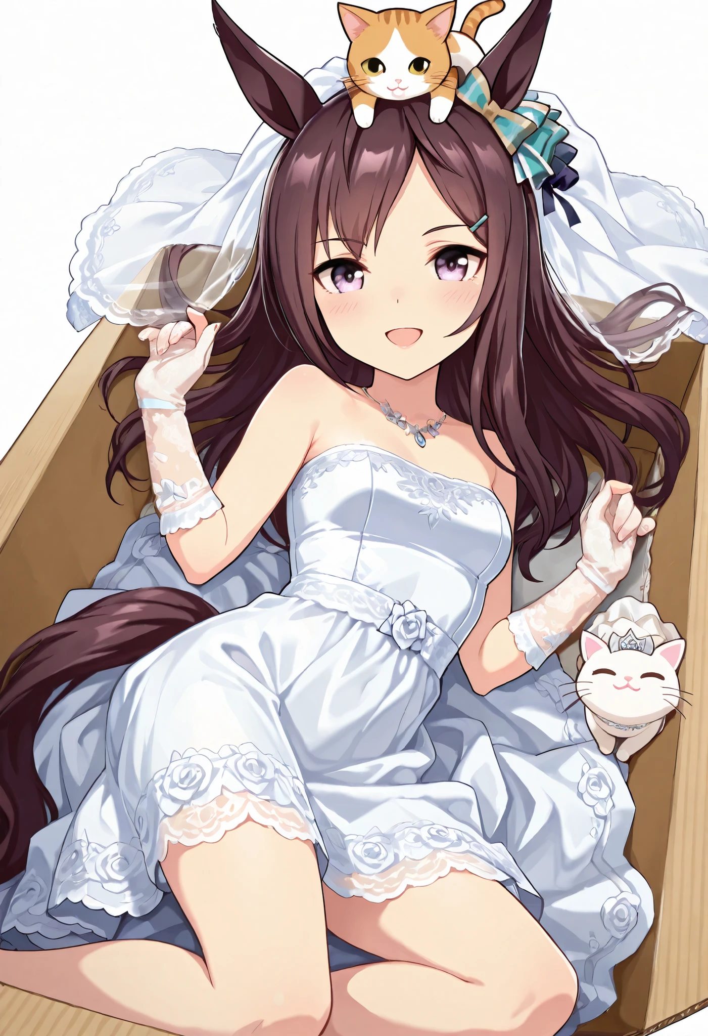 (((chibi))), (masterpiece, best quality, perfect face:1.4), wide angle, mejiro dober \(umamusume\), 1girl, floating hair, horse ears, horse tail, tail on the lower back, proportional body, proportional, beautiful hair, beautiful face, beautiful detailed eyes, beautiful clavicle, beautiful body, beautiful chest, beautiful thigh, beautiful legs, beautiful fingers, looking at viewer, BREAK, beautiful bride wearing beautiful wedding dress, (bridal veil:1.5), (Transparent short veil:1.5), (tube top wedding dress:1.5), (Silk dress:1.2), (Strapless wedding dress:1.5), pure white dress, necklace, lipstick, (lace gloves:1.5), long white dress, ((cat on top of head)), ((lying in cardboard box)), box labeled "super creek", BREAK, blush happy smile (open mouth), white background,