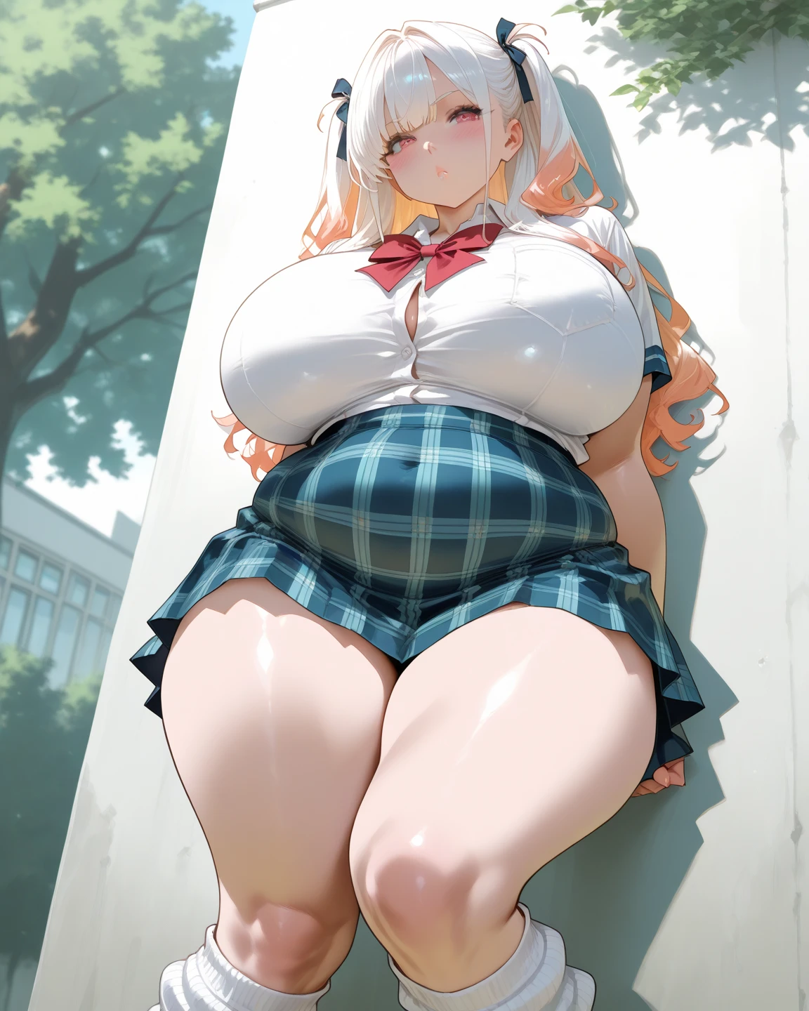 {{{{masterpiece, realistic, extremely detailed, intricate details, sharp focus, 8K, highres, depth of field, absurdres, high quality facial shadowing, dynamic shadowing, cinematic lighting, perfect lighting}}}}, best quality, asian qualities, {facing viewer}, {hands behind back}, {solo}, beautiful young girl, {{{extremely detailed girl, perfect anatomy, perfect body}}}, {{{{extremely detailed luscious shoulder length silver faded to white hair}}}}, {{{luscious multi-layered hair}}}, {{{detailed slightly-curly hair}}}, {{beautiful-detailed facial structure}}, {{detailed beautiful face}}, {{detailed face:1.33}}, {{beautiful-detailed eyes}}, {{{{black to light blue eyes}}}}, {{{{vibrant eye colors}}}}, large boobs, {{slim arms}}, {{slim waist}}, {{thick thighs}}, {{{{beautiful-detailed fingers}}}}, {{{detailed legs}}}, {{{blushing}}}, {{cute shy expression}}, fashion, {{{bright blue sakura petal halo}}}, {{{detailed white school short shirt}}}, {{{detailed black checkered short skirt}}} {{{detailed black socks}}}, {{{wearing brown leather school shoes}}, {{standing against a wooden high fence on a brick pathway and a stream is running next to the person}}, {{people walking past and sitting at a nearby cafe drinking coffee}}, chubby, (massive tits)), ssbbw, she has a jiggly fat round belly, ssbbw, ((natural big body)),(((natural the biggest belly))),(((natural the biggest belly))),(((natural the biggest belly))),(((natural the biggest belly)))(((natural the biggest belly))),(((natural the biggest belly)))