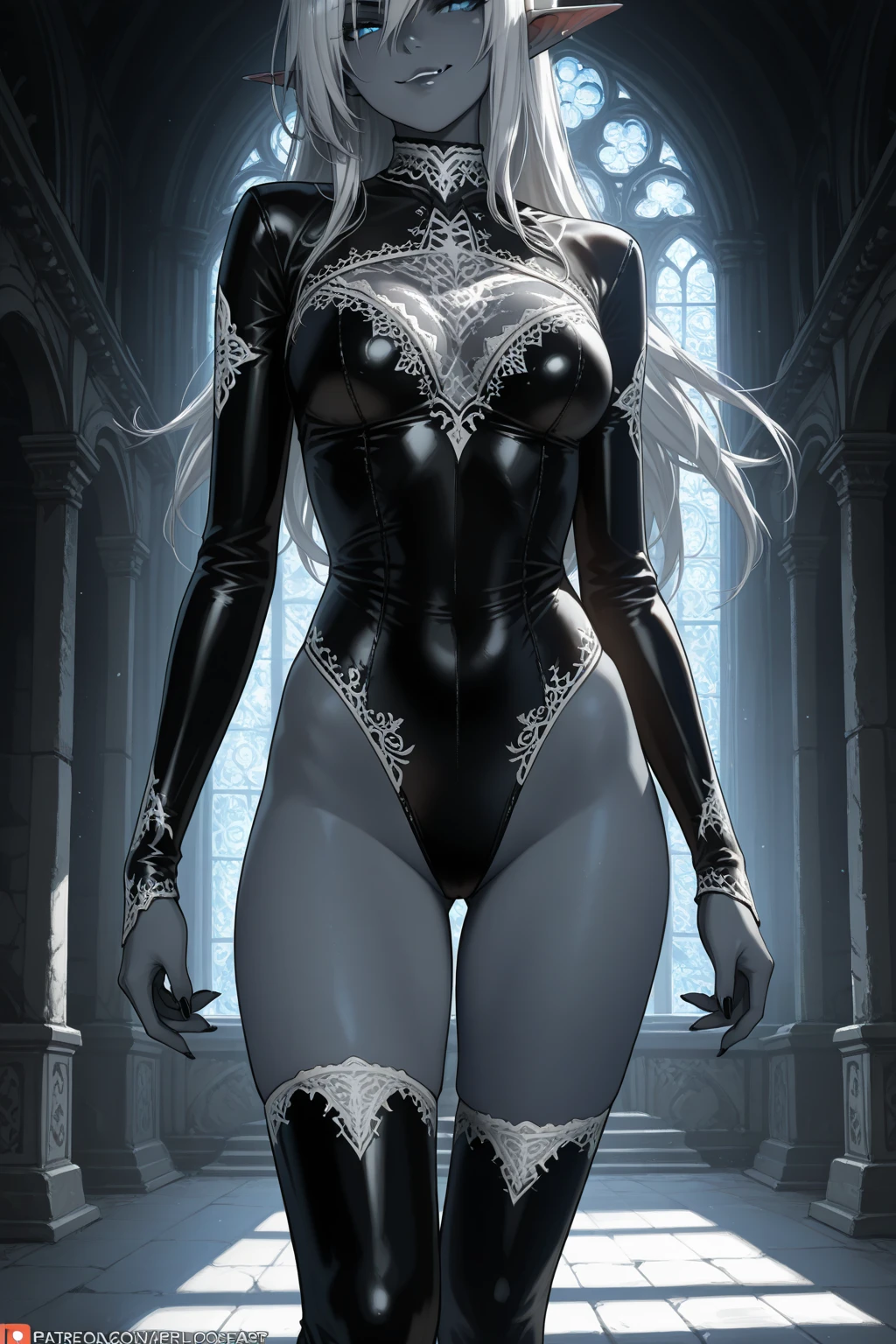 (megan fox), Lady Death, female bodybuilder physique, seductive face, seductive look, (black silk leotard & thigh highs), long white hair, perfect muscular body, long thin legs, white eyes & skin, muscular bulging pecs, (huge muscular shoulders:1.45), (full body shot:1.25), (blank background:1.25), MeganF_SoloTI_v1