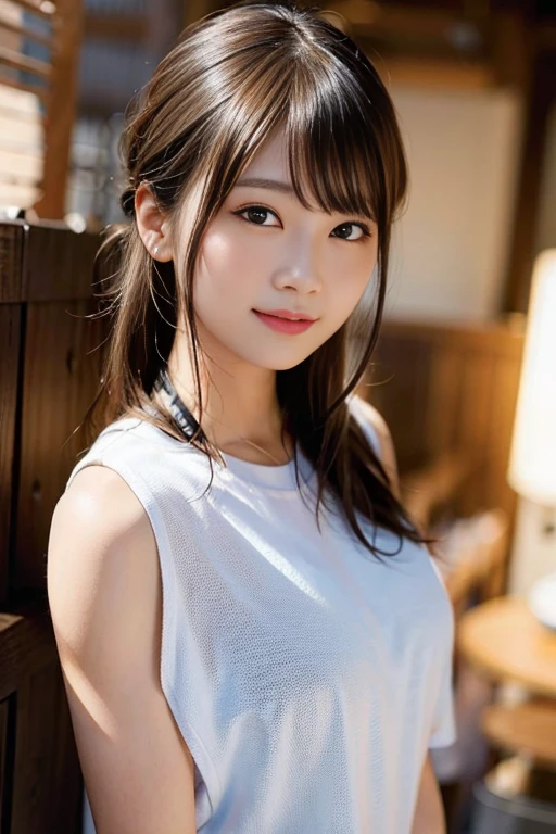 best quality, face focus, soft light, ultra high res (photorealistic:1.4), RAW photo,
1japanese girl, solo, cute, pretty, Beautifull, (pupil, lights in the eyes),  detailed beautiful face, (medium chest),(high-resolution detail of human skin texture), (happy smile:1.4)
(Long ponytail hair:1.2), (sidelock bangs:1.2)
indoor,
White T-shirt,
(Portrait)