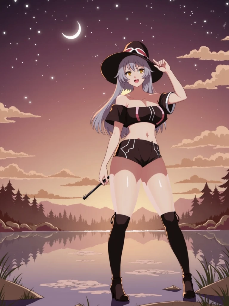 A girl stands in a hot spring with a view of the night view of Lake Suwa late at night、She has a short bob with a white lob of hair and wears a large black witch hat with sapphire jewelry.、A high school student wearing a navy blue  with a white ribbon on her chest.、She wears a large witch's hat with a small sapphire accessory、A few star creams、Beautiful starry sky、Beautiful night view、large witch's hat 、Navy blue  pants that dig into your stomach、Small breasts、A cup breasts、Navy blue  top with white frills、Small 