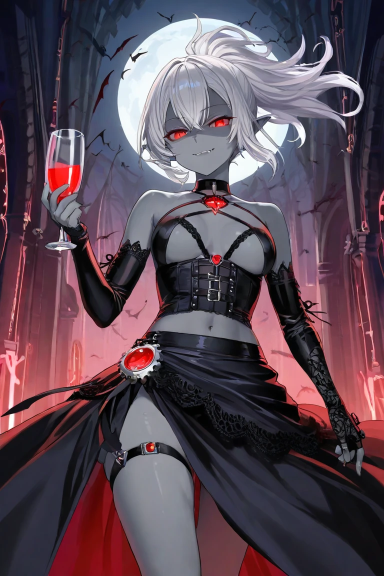 Cruella in  black and white hair in anime version wearing dark makeup and in dark villa  while holding red wine The shadows In night ...It is full moon outside her eyes glimmering in dark... She is standing beside her window ... Closeup photo 