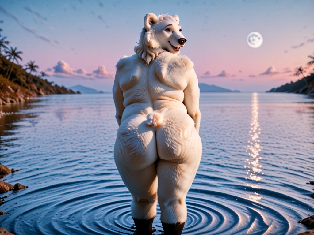 Wolf standing on a beach, wearing a swimsuit, shiny white fur, thick, she has a jiggly fat round belly, big love handles, soft tummy, looking at viewer shyly