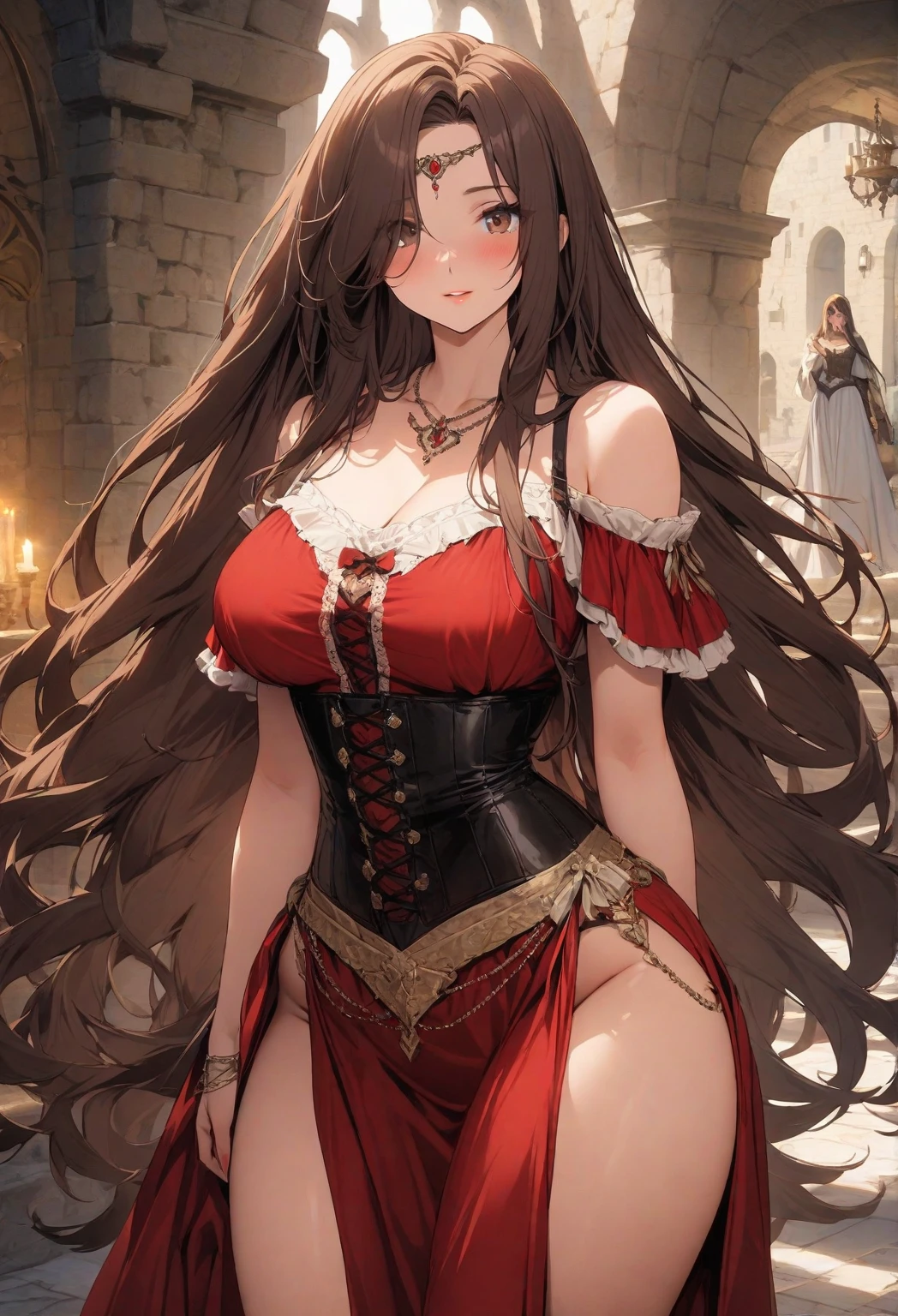 masterpiece, best quality, dorothea, red dress, detached sleeves, cleavage, corset, looking at viewer, upper body, cowboy shot