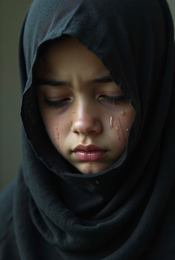 A naked Pakistani muslim girl who looks like a five year old girl but is actually twenty years old with wet semen on her face,forehead and her hijab (nude/naked girl)