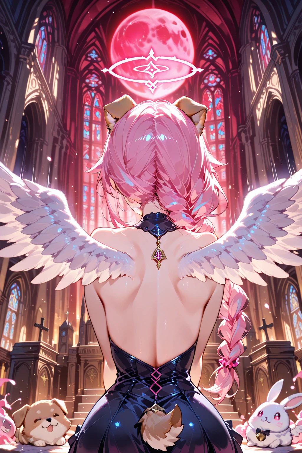 cathedral, sunny, rounded window, mosaic window, Laura_(vindictus), 1girl, smile, looking at viewer, short hair, animal ears, cleavage, jewelry, purple eyes, standing, purple hair, cat ears, necklace, facial mark, gold decoration on forehead, feathered wings, armlet, angel wings, angel, bracer, prays, side view, eyes half-closed, <lora:Laura6_lora:1> (masterpiece,highres,beautiful, realistic,extremely detailed face,best quality:1.2), (shiny skin), blurry,
