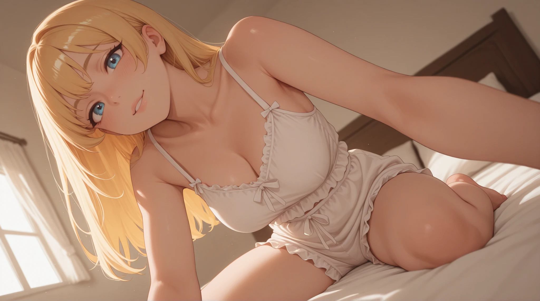 Long blonde、Blue Eyes、Doll Girl、Doll joints、A dilapidated room in a dilapidated wooden mansion、There is a spider web、No light in my eyes、Expressionless、Sitting in a chair、Wearing white sheer lingerie、Illuminated by the moonlight