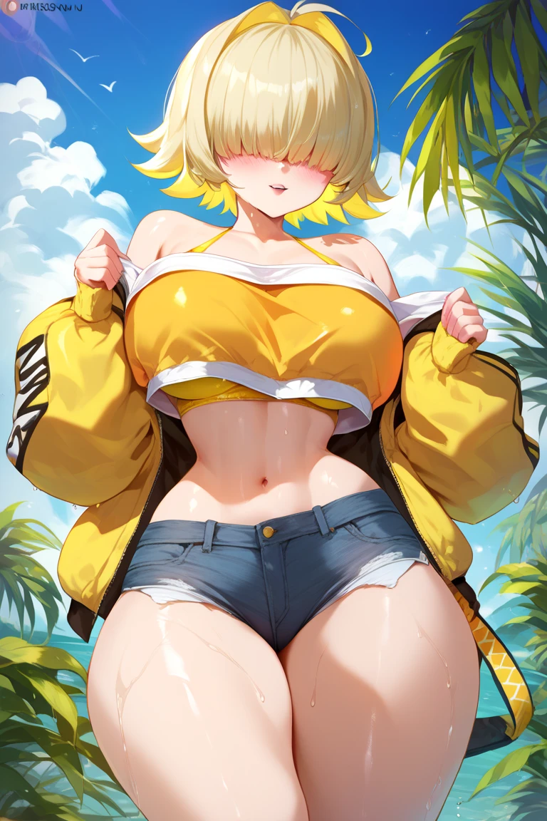 （（（masterpiece、Highest image quality、highest quality、highly detailed unity 8ｋwallpaper）））、（（Illustration of one girl））、（（（beautiful girl）））、（（blonde、pixie cut：1.2、two side up、sidelocks、green eyes））、（（（tall、stocky build, thickset physique：1.3, muscular legs, broad shoulders, solid chest）））、swimsuit、sandy beach