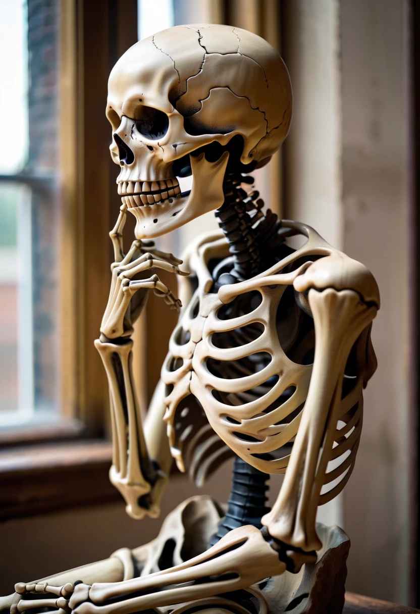 A skeleton sitting on a couch with his hands up