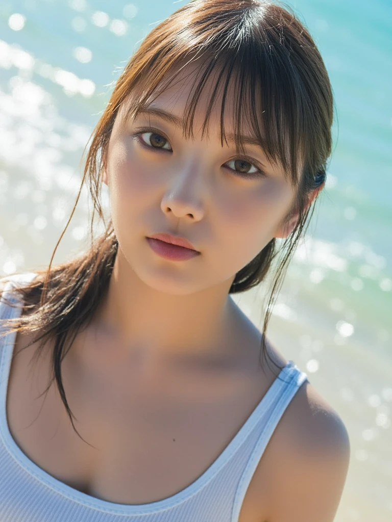 (((Top-down configuration:1.33)))、((No underwear:1.55))、(((A strong wind is blowing、Her hair and skirt are flying、Standing with your legs apart, Tank top with loose chest:1.68、Pleated skirt)))、One Girl、Beautiful and detailed eyes and face、barefoot、20 year old cute Japan woman, ((Extremely precise and accurate anatomy:1.0)), (photo Realistic:1.4), (hyper Realistic:1.4), (最高品質のRealisticな肌の質感:1.4), (Improvement of quality:1.4), (Enhances the beauty of skin texture:1.1), Clean and glowing skin, mesh, thin:1.2, (Realistic:1.3), Realisticなライティング, (Smoother lighting:1.05), (Improving the quality of cinema lighting:0.9), Backlight, A gentle light shining on your face, Ray Tracing, (Bright light:1.2), 32k, One Japanese woman, fine grain, Detailed face, (Film Grain:1.1),(Accentuates body lines:1.1), High resolution, Natural look, Kind eyes, Improves hair quality, Delicate light and shadow, Transparent muscle, Graceful pose, Beautiful Eyes, Sharp details, Soft light reflection, Beautiful contours, Delicate skin tone, Fine hair texture, Natural background, sunny day、Beach、splash、Sandy Beach、Light of the sun、clear blue sea、The waves crash quietly、Blue sky and white clouds、green mountain々、Beautiful Nature、The joy of youth
