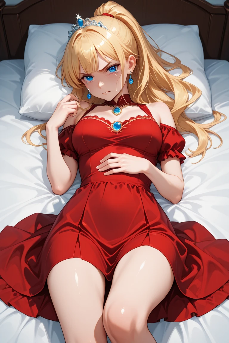 Safe for work, masterpiece, best quality, solo, 1 girl, cute girl, wholesome girl, (young female body:1.4), (medium small breasts), cowboy shot, light blue eyes, yellow golden hair, extra long blonde hair, very ling hair, hime cut, bedroom, lying on bed, bed, dark red dress, short red dress, tight dress, tights,sleveless dress, spreading legs, night time, dark ambience, lying down on back, plunge neckline, legs wide open, hands on breast, hands on stomach, hands on leg, bending knee, waiting to be fucked