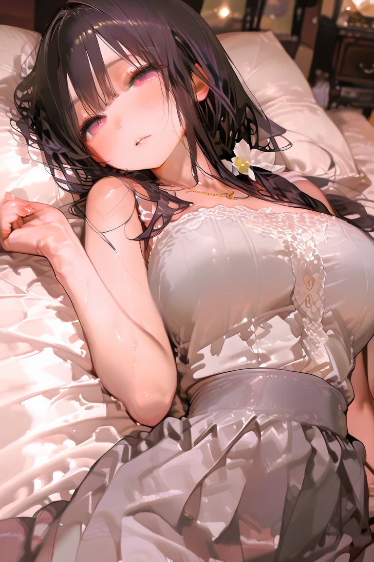 ((highest quality)), ((masterpiece)), (get used to it), perfect face , Adult beautiful girl , beautiful long black hair , beautiful blue eyes , In underwear , medium breasts , Blue roses scattered , lying in bed ,