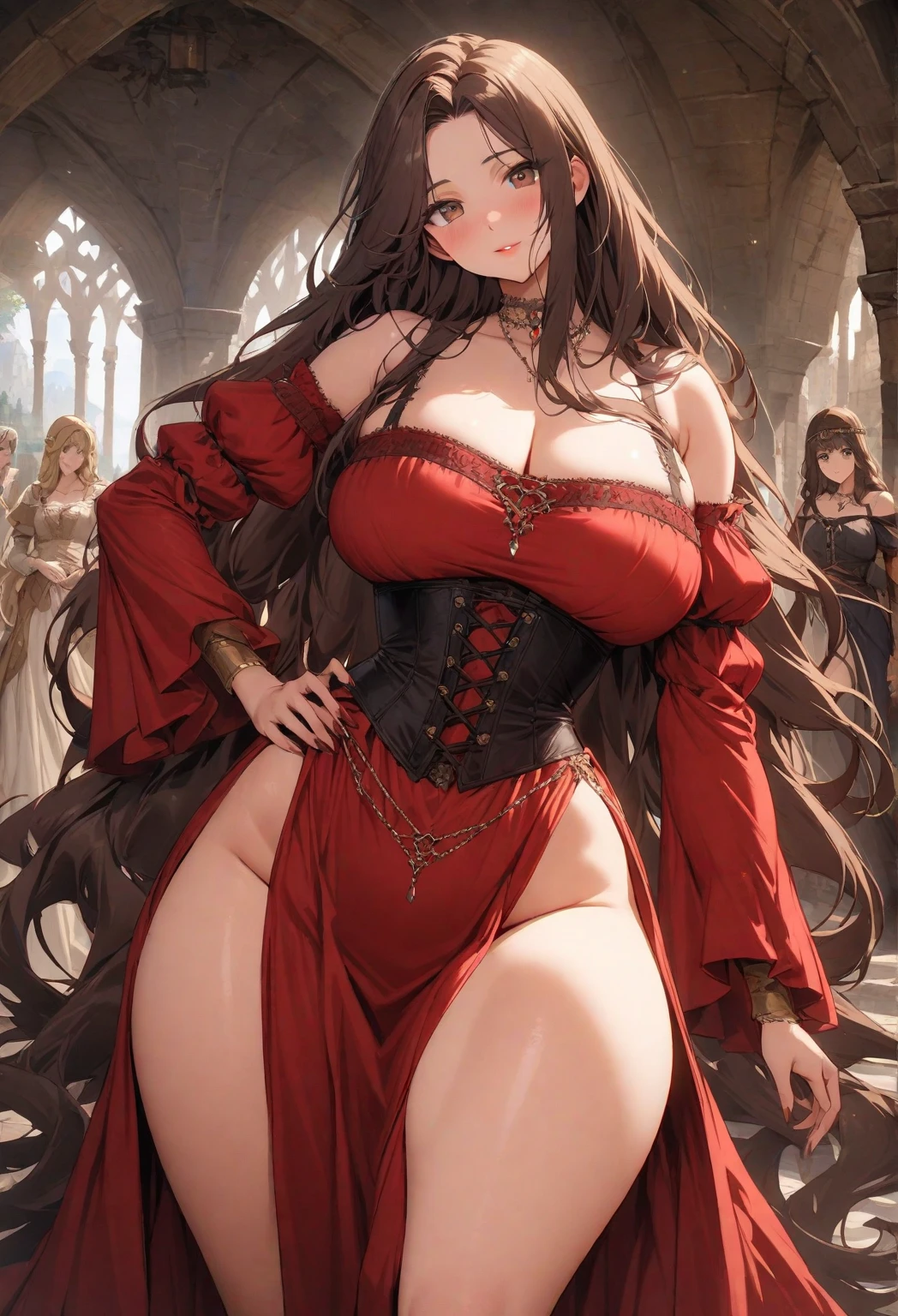 highest quality, ultra high resolution, super detailed, gorgeous, masterpiece, best quality, high resolution finely detailed, extremely beautiful, distinct image, glistening caramel brown skin, piercing golden eyes, curly fiery red hair, slender alluring older woman, 40 years old, elegant long empress dress, (((MILF))), 1 woman, solo, sharp facial features, empress like aura and majesty, symmetrical shaped face, fiery red lips, medium height(174cm), slender and thick, toned body type, Gothic modern city setting