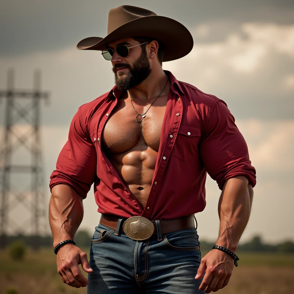 a handsome cowboy man sitting shirtless on his ranch, extremely detailed facial features, beautiful eyes, detailed lips, chiseled muscular body, ranch landscape, sunset sky, golden hour lighting, cinematic composition, photorealistic, (best quality,4k,8k,highres,masterpiece:1.2),ultra-detailed,(realistic,photorealistic,photo-realistic:1.37)