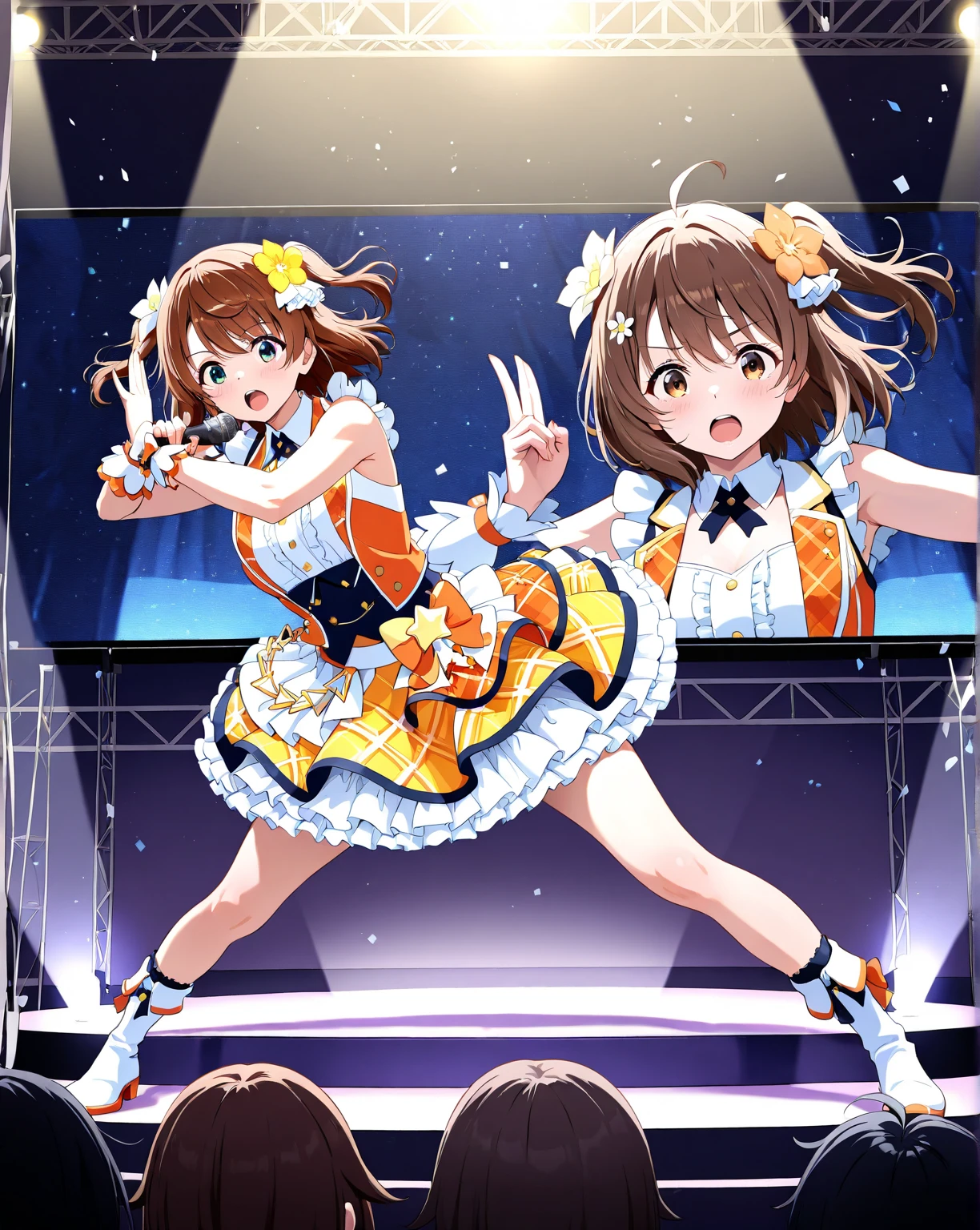 THE IDOLM@STER,idol costume,Photo session with fans,Idol Posing,2girl,small breasts,anime style,highest quality,stage,mini skirt,white panties,Jumping high,Smile cheerfully,random pose,She's kicking high and her underwear is showing,panties