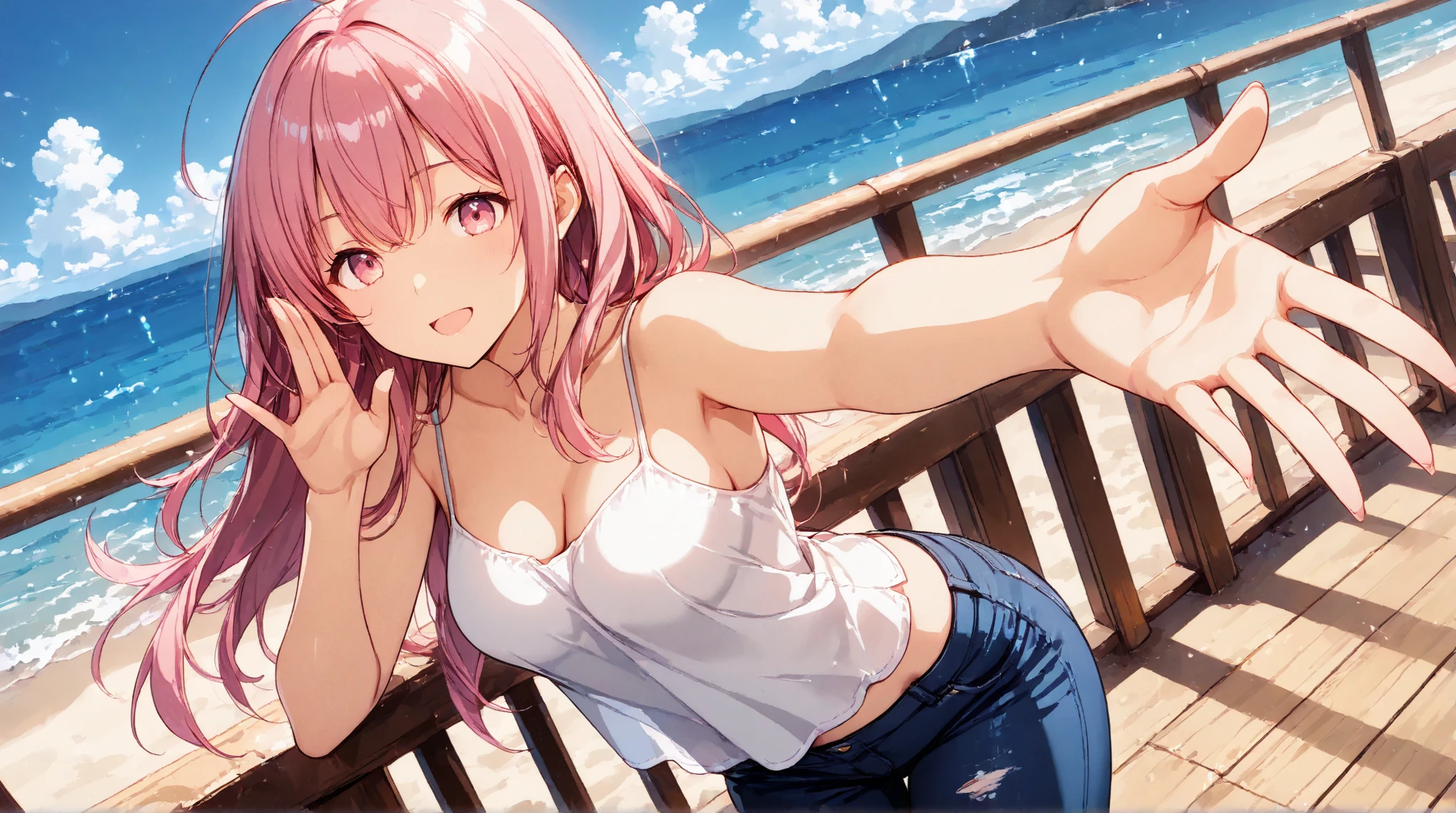 1 girl, long Hair, pink hair, cute white bikini, smile, A beach with lots of people, (squat), from front, (from below), ((32K)), ((best quality)), ((ultra high res)), ((HDR)), ((uhd)), ((extremely detailed CG)), ((unity 32K wallpaper)), ((perfect anatomy)),