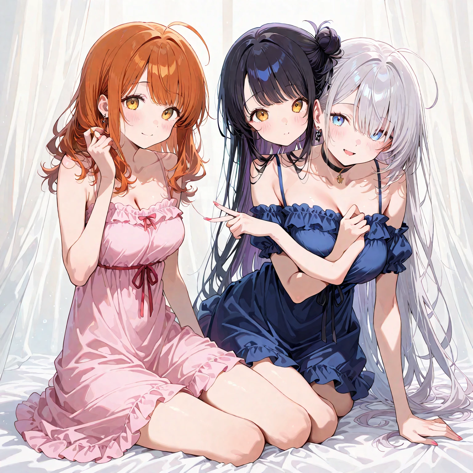 Three beauties,All with bare legs,Forgot to wear shoes,Lateral face,Full transparent pajamas,vivaciousness,There are holes in the clothes,Kneeling pose,on back,Reim,Ramsay,Amelia