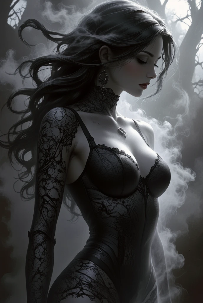 eroticism, sexy, black and white image, very curvy girl, long black hair,embroidered sexy dress, between shadows, oil painting, chiaroscuro, sensual, dramatic lighting, moody atmosphere, photorealistic, intricate details, masterpiece, ultra-detailed, high quality, 8k, best quality, realistic, cinematic, dark and brooding, expressionistic, powerful composition, emotional impact, Bill Sienkiewicz inspired art

