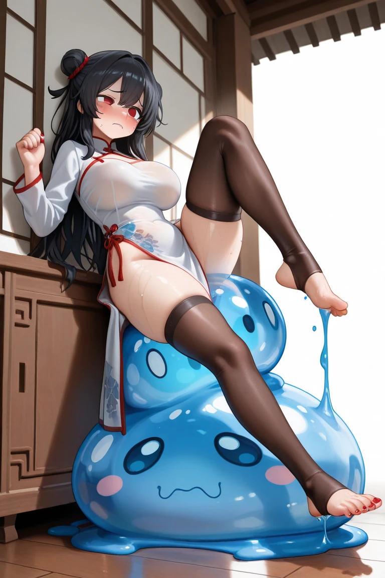slingshot bikini, unrealistic, (( Camel toe)), ((((bikini)))), ((((transparent)))), (((transparent clothing))), Full body view, Look toward the camera, ((Life-size pillow)), ((dakimakura)), the best, masterpiece, high resolution, (从头到脚的Full body view), Composed from the front and slightly below, symmetry, 18 years old, Slim beautiful girl, Solitary, ((Big plump breasts)), (No shoes),Messy Brown Hair, Bangs, (Black pantyhose), (Black pantyhose), (Spread your legs on the bed), arms tied behind back, (Works Display White), (her legs are open、I can see white.), blush, Shy big eyes, looking at camera, suit, Plaid pleated skirt