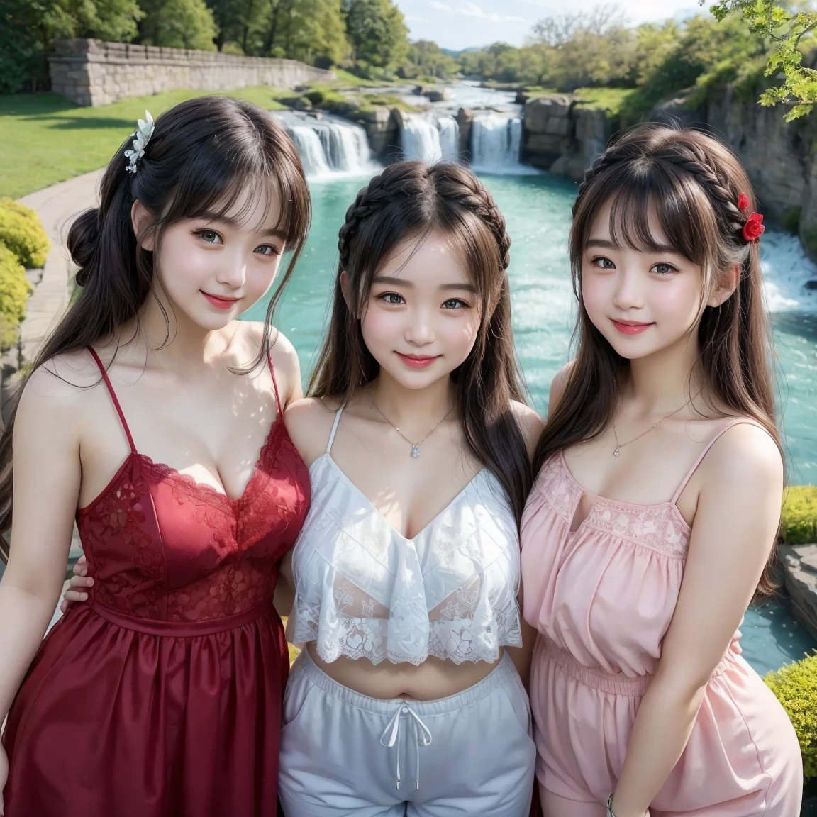 ( 3 girls),smile、Look into the camera、Diamond necklace、heart braid hair Strapless dress, random color:1.2、The material is smooth and flexible.、exposed upper arms、 Extra long twin tail hair、close range shooting、Flower Hair Ornaments、Blindfold、Garter、 Masterpiece, Highest quality, 8ก, beautiful girl, young face、 photography, Cute face, thigh,In the waterfall stream,、รอยsmile、small waist,(((The chest is erect.:1.0)))(((round chest:1.0)))(((big breasts:1.1)))