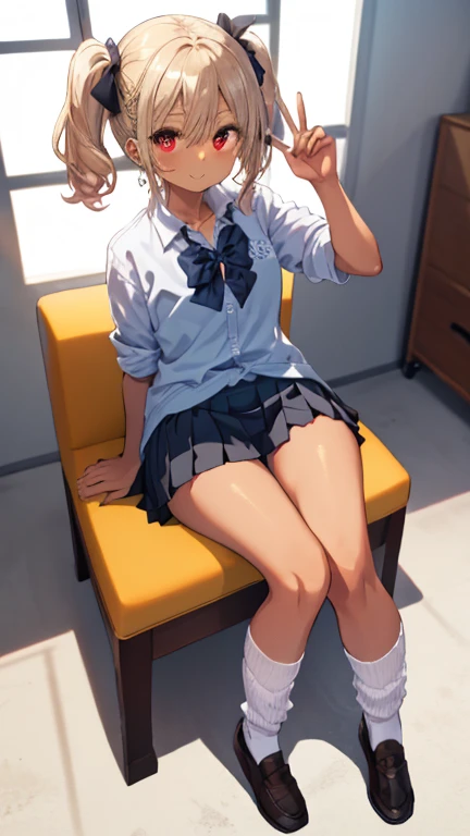 1girl, natural lighting, masterpiece, highly detailed, illustration, game CG, absurdres, high quality, glossy lips, aichan, large breasts, blue eyes, beautiful detailed eyes, short brown hair, side braid, sitting, (knees bent:1.2), school uniform, white blouse, black pleated miniskirt
