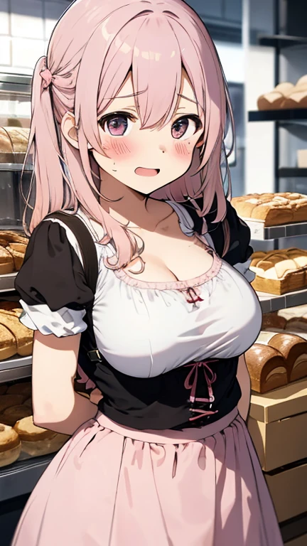 One girl, alone, Nakano Nino, Pink Hair, Butterfly Hair Ornament, (naked:1.3), (White apron), Large Breasts, Cleavage, Thighs, Cafe Background, (Blushing:1.3)
