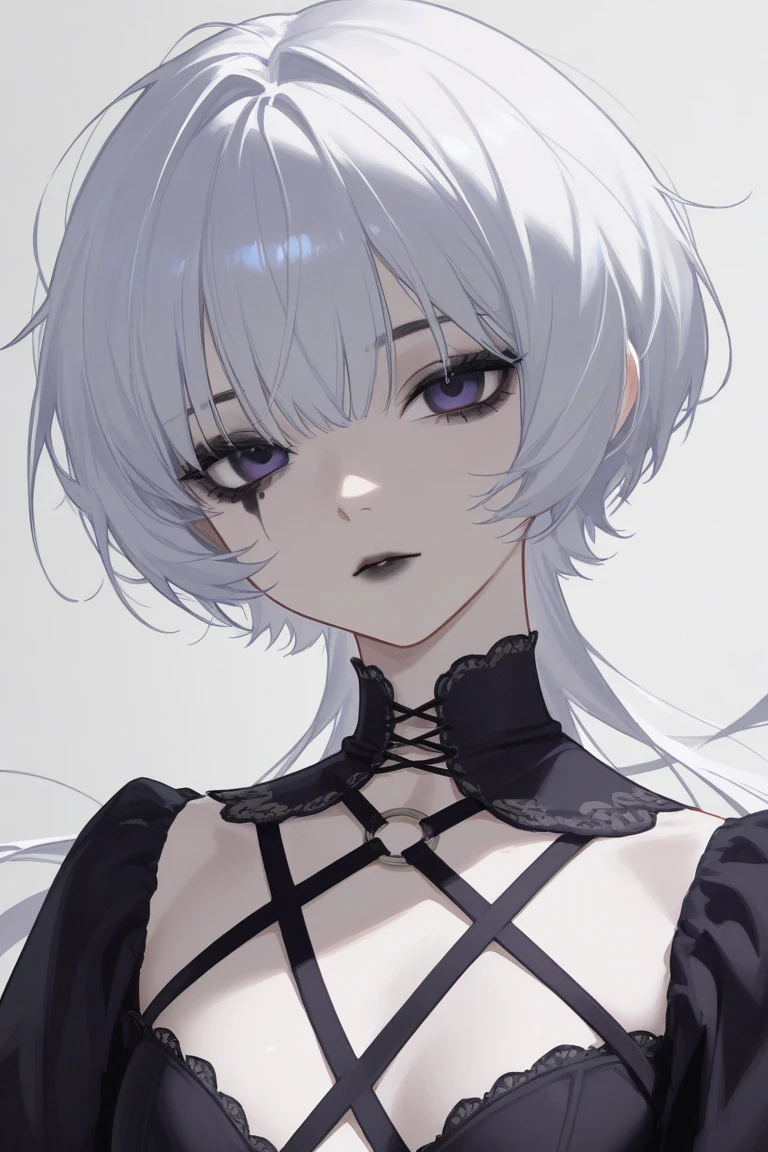 1girl, upper body, white hair, white dress <lora:pitch_black_shadow:1.3>