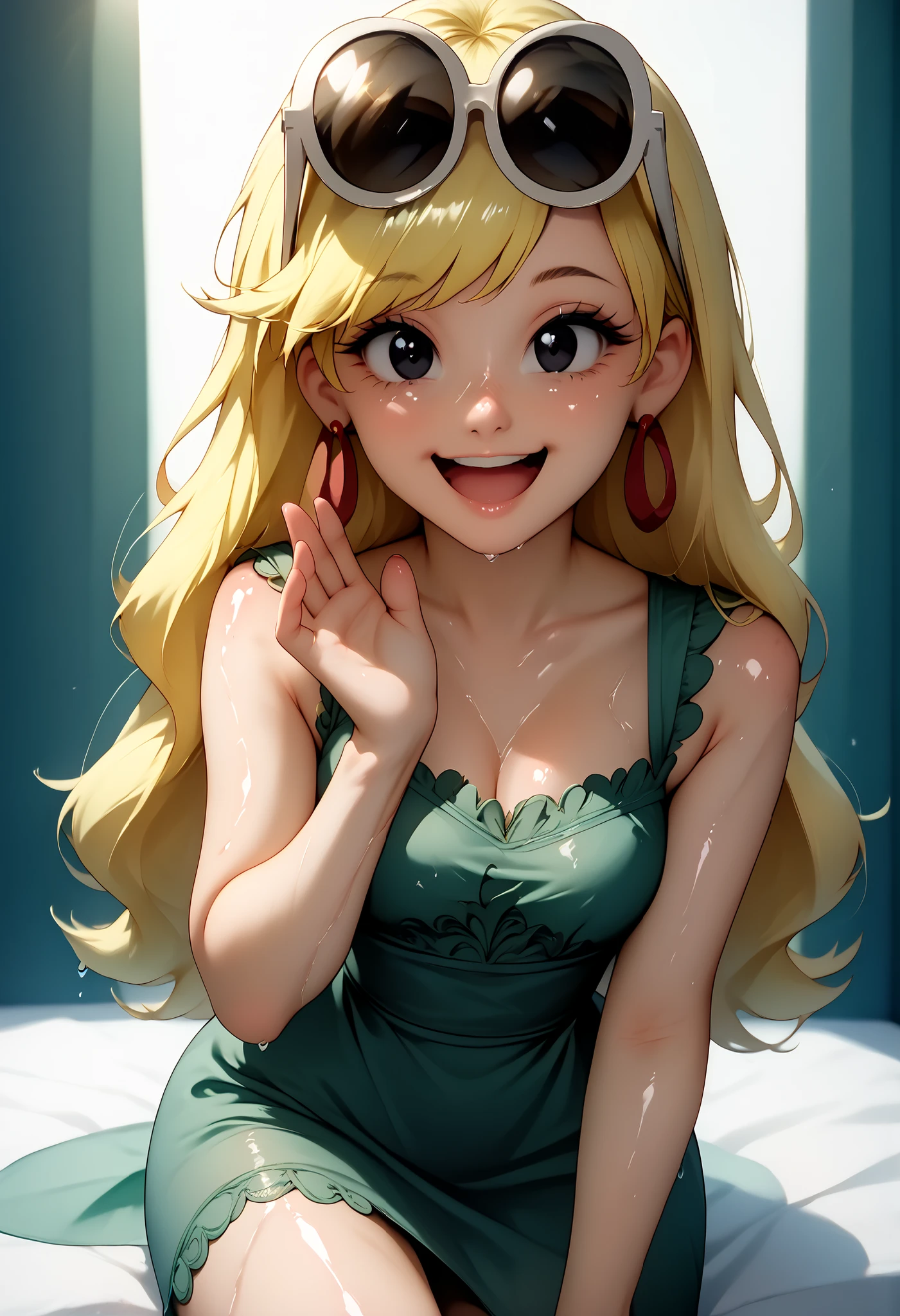 (score_9, score_8_up, score_7_up, Expressiveh, g0th1c), masterpiece:1.2, absurd res, best quality, 8K, high resolution,, fine fabric emphasis:1.2), (((masterpiece, amazing quality, best quality, ultra-detailed, 8K, illustration, amazing quality, newest, absurdres, realistic))), (((Best Quality, 8K, Masterpiece: 1.3)), ((high_quality)), (gorgeous face, masterpiece, best quality, very aesthetic, absurdres, curvy figure, , perfection, (bubble , Thin waist. Tiny waist)), dynamic range,, (((LenI Loud , 1girl , solo , long hair , looking at viewer , smile , open mouth , black eyes , blonde hair , Cartoon Eyes , large , dress , jewelry , earrings , sleeveless , sunglasses , eyewear on head , green lace pajama dress , hoop earrings)), smooth shading, highly detailed, soft lighting, well-defined anatomy, good anatomy, ((intricate details, depth of field, wet skin, shiny skin, perfect face, 2d, perfect eyes, vibrant saturated colors, volumetric lighting, freckles)), 8k UHD, (masterpiece, best quality), (((looking at viewer, happy smile, joy, cowboy shot, dynamic pose)))), ((backside, bend over, leaning forward, seductive pose, narrow waist, firm perky , presenting proud her ))),, looking back, on stomach, holding Nintendo switch, on bed, leg up,laying on stomach, cameltoe, elaxed but provocative, soft ambient glow, dramatic scenery, intricate details, (blurry background, depth of field:1.1