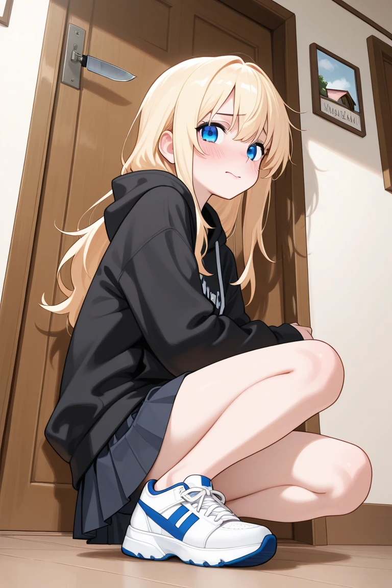 hiquality, tmasterpiece (One teenage girl,) hooligan, smirk, Long, disheveled, Unkempt blonde hair. The eyes are blue., Long bangs, adidas Dark Clothing. white panty. bare feet. Squatting. Against the background of the entrance of a high-rise building.
