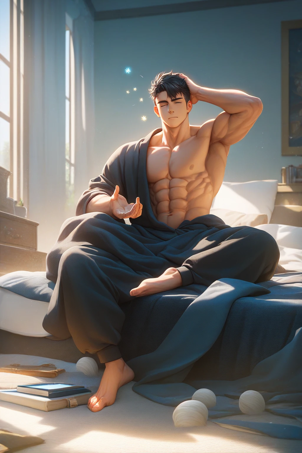 Realistic image of a tall, strong, medium-sized curly man, with bandages and gauze on his body, black pants, anime-style character art, sleeping on a simple bed in a rustic room