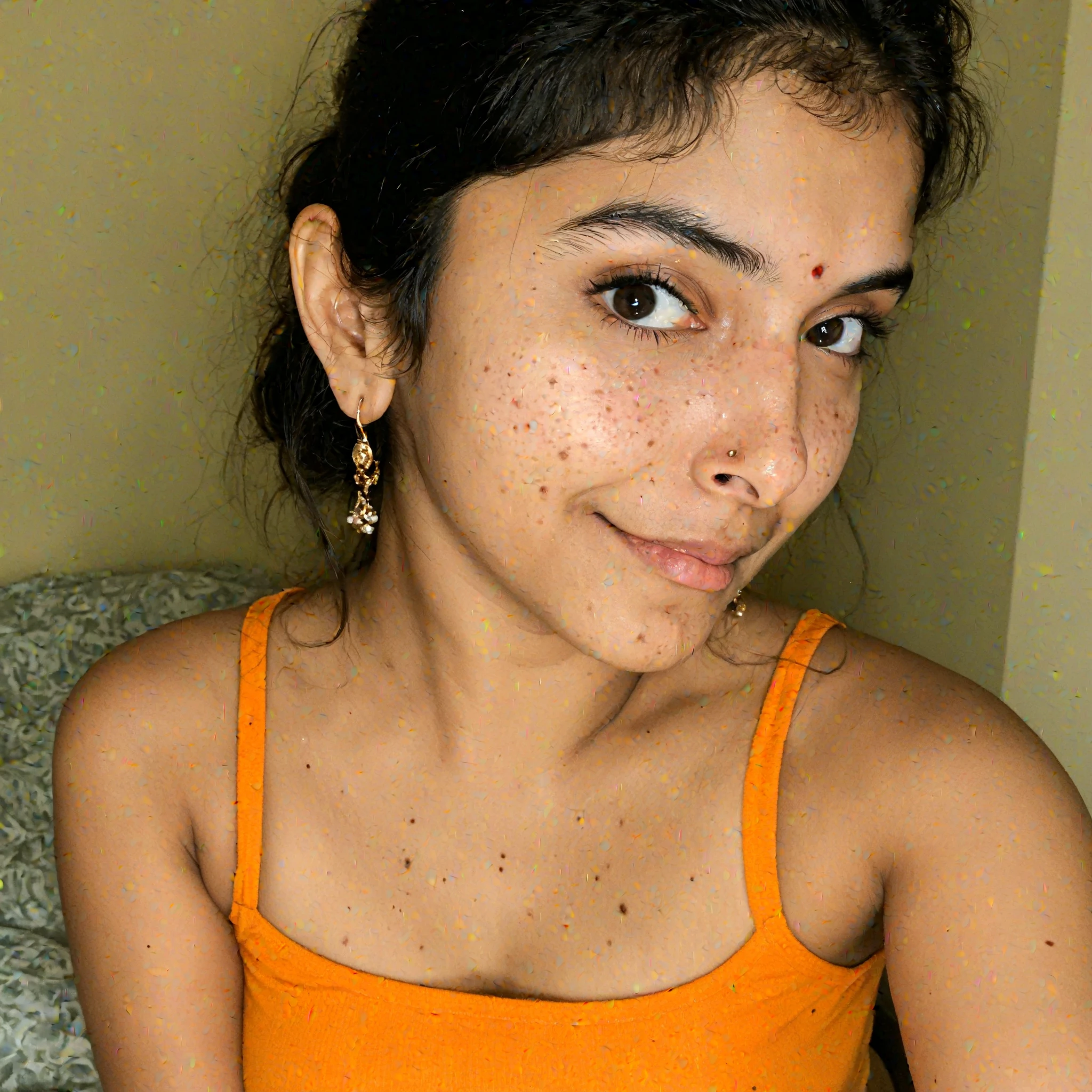 ultrarealistic hires body close up photo of a 30-year-old sai pallavi woman, bedroom, realistic skin texture, looking looking at camera, free curly hair, in bed, in bikini, realistic skin, in bed, cleavage and midriff, taking selfie, true camera pic, beautiful eyes