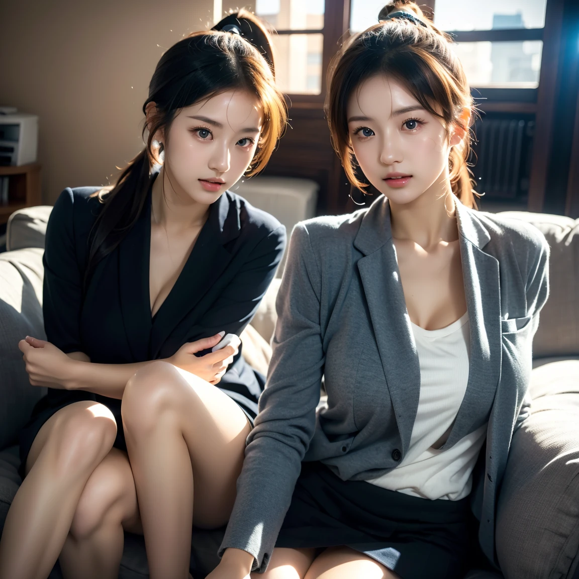 ((best qualtiy,realisticlying,8K HD,tmasterpiece:1.3)),focal:1.5,perfect bodies:1.3,(Short ponytail straight hair,Vertically smooth hair,A detailed:1.3)),((wetclothes:1.1),White high-end brand fashion suit suit:1.3,(detailed outfits:1.3),(delicate stiletto heels crystal band sandals,high high quality:1.2)), Highly Detailed Face and Skin Textur, Fine Eye,二重まぶた,realistic pupil,skin lightening,Beautiful face,Swollen eyes,Healing is a smile,(female focus,Waist focus,close focus,hdr shot,20yr old,Raised breasts,no-bra,the areola is visible,With a petite figure,Slim:1.3,slenderlegs:1.3,beautiful night scene,Luxury office,floor to ceiling window,Long table,Double bed,Cocked buttocks:0.6,Playful and coquettish beautiful pose(full bodyesbian:1.8))