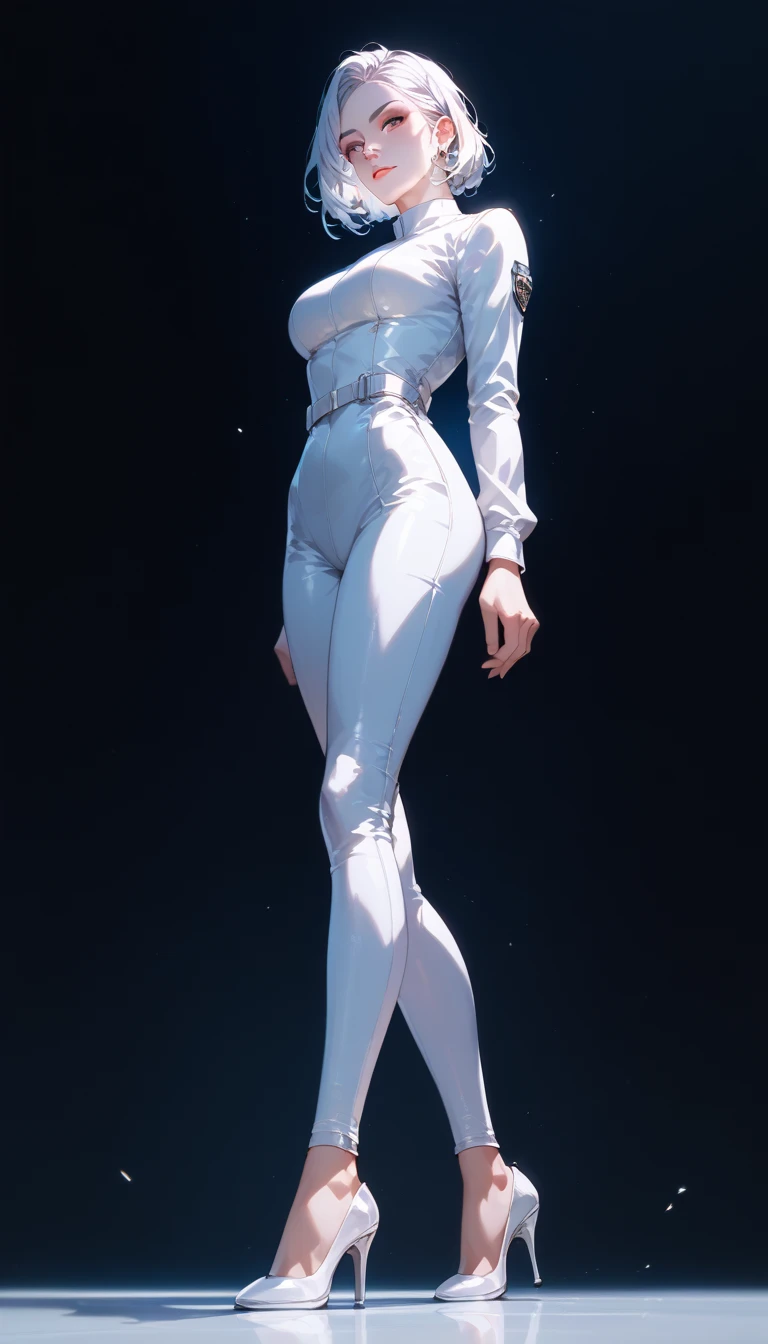 A shinny thin woman with thin arms thin waist , and big breasts ,wearing transparent maxy