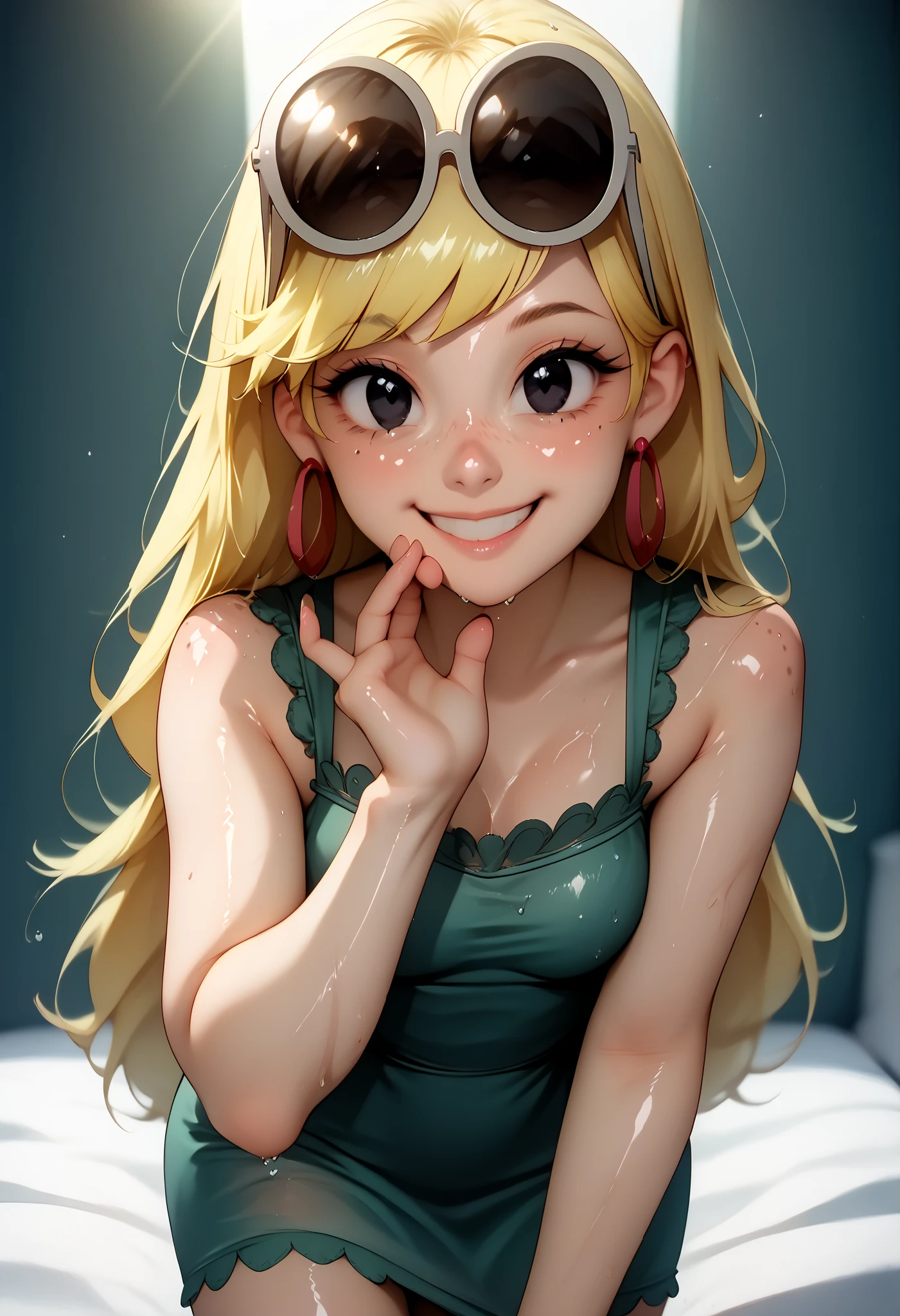 (score_9, score_8_up, score_7_up, Expressiveh, g0th1c), masterpiece:1.2, absurd res, best quality, 8K, high resolution,, fine fabric emphasis:1.2), (((masterpiece, amazing quality, best quality, ultra-detailed, 8K, illustration, amazing quality, newest, absurdres, realistic))), (((Best Quality, 8K, Masterpiece: 1.3)), ((high_quality)), (gorgeous face, masterpiece, best quality, very aesthetic, absurdres, curvy figure, , perfection, (bubble , Thin waist. Tiny waist)), dynamic range,, (((LenI Loud , 1girl , solo , long hair , looking at viewer , smile , black eyes , blonde hair , Cartoon Eyes , large , dress , jewelry , earrings , sleeveless , sunglasses , eyewear on head , green lace pajama dress , , hoop earrings)), smooth shading, highly detailed, soft lighting, well-defined anatomy, good anatomy, ((intricate details, depth of field, wet skin, shiny skin, perfect face, 2d, perfect eyes, vibrant saturated colors, volumetric lighting, freckles)), 8k UHD, (masterpiece, best quality), (((looking at viewer, happy smile, joy, cowboy shot, dynamic pose)))), ((backside, bend over, leaning forward, seductive pose, narrow waist, firm perky , presenting proud her ))),, looking back, on stomach, holding Nintendo switch, on bed, leg up,laying on stomach, cameltoe, elaxed but provocative, soft ambient glow, dramatic scenery, intricate details, (blurry background, depth of field:1.1