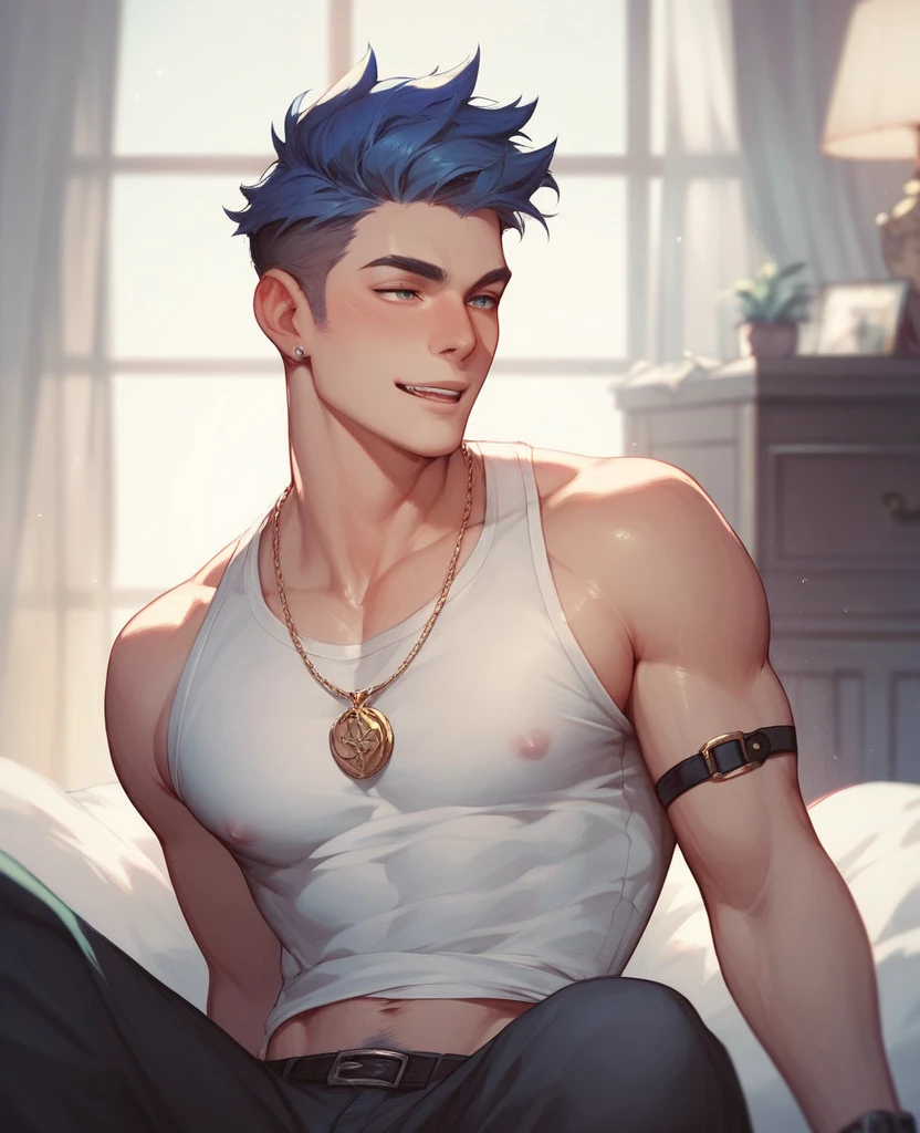 Handsome male, purple hair, short hair, wavy hair, detailed body, detailed hands, horns, expressionless, arrogant expression, red eyes, roman nose, almond eyes, baggy T-shirt, black t-shirt, cocky, nightfall, handsome, bushy brows, pointy ears, ear piercings, rings, good looking, tattoos, dark skin, brown skin, charming, good quality, huge bulge in pants, black sweatpants, manly, sitting on bed, buff man