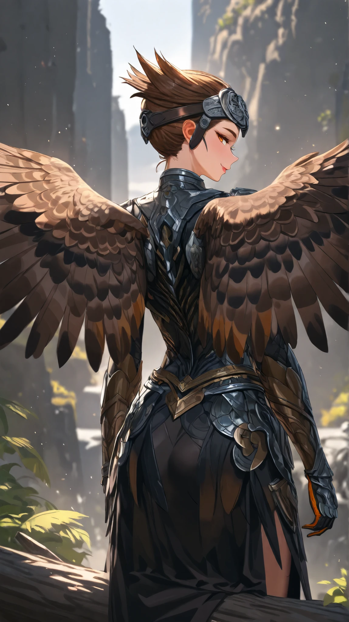 SOLO, A Owl Female ,Perfect body, (Brown short hair, hair ears, hair pulled back),Brown Owl Metal Forehead protector, A pair of Brown Owl wings, Wearing A Brown Owl full-body Metal armor, Standing on a tree trunk, Torogao, seductive smile, Sunshine, Afternoon, UHD, anatomically correct, masterpiece, textured skin, high details, highres, 1080P, 16k, accurate,Delicate features, Detailed skin,(((From Back)))