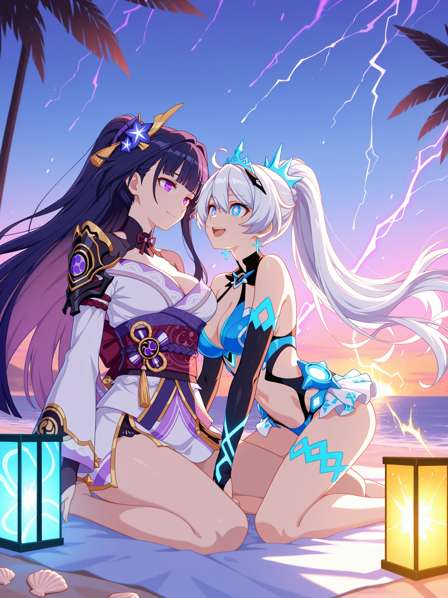 2girls, connie maheswaran ( steven universe),narmaya ( granblue fantasy), (connie maheswaran, age 25,blue and white striped halter top, black microshorts, large pink sword), (narmaya, original outfit, katana, Uhd, hdr, 8k, masterpiece, sexy swordswomen, face-to-face ,(character focused, impact frame), clashing effects, cleavage cutout, perfect bodies, perfect hands, perfect faces, perfect eyes, incredibly sharp absurdres, incredibly sharp gradients, deep highlights,incredibly aesthetic, extremly detailed sword fight, sparring in a moonlit field, competitve smirks, sword fighting, sword to sword, close up, full-body, fast-paced, cel-shaded, key visual, battle art, splash-art, amazing quality, motion lines, motion details, , cool tones, rich atmospheric shading, intense lighting effects, action choreography, dynamic angle, dynamic perspective, dynamic Line of action, dynamic scenery, atmospheric lighting, exciting, fun, Raw sensuality, hyper-femininity