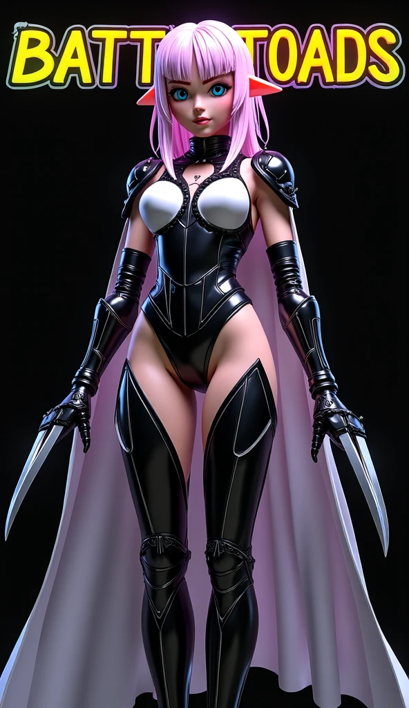 a woman with red lipstick has armor on and is holding a sword, kirijou mitsuru, 1girl, solo, hair over one eye, long hair, (((red hair))), (((red eyes))), weapon, rapier, sword, bodysuit, black bodysuit, grey bodysuit, hand on hip, (((large breasts))), simple background, white background, (purple theme:1.2)