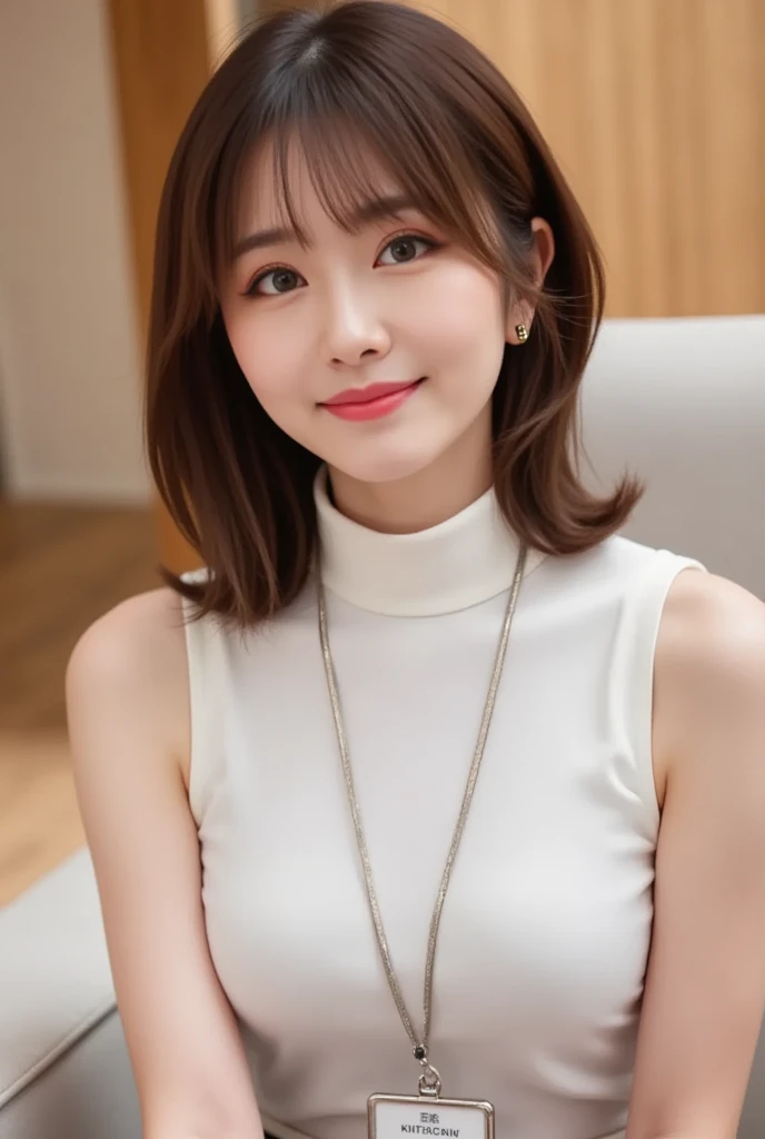 (Very detailed:1.4), Tabletop, Highest quality, figure, In detail, High resolution, 8k wallpaper, Perfect dynamic composition, Beautiful attention to detail, dress,Medium Hair, Center of chest, Natural color lip, Random sexy poses,smile,Tower apartment,Christian Dior、Light from the front