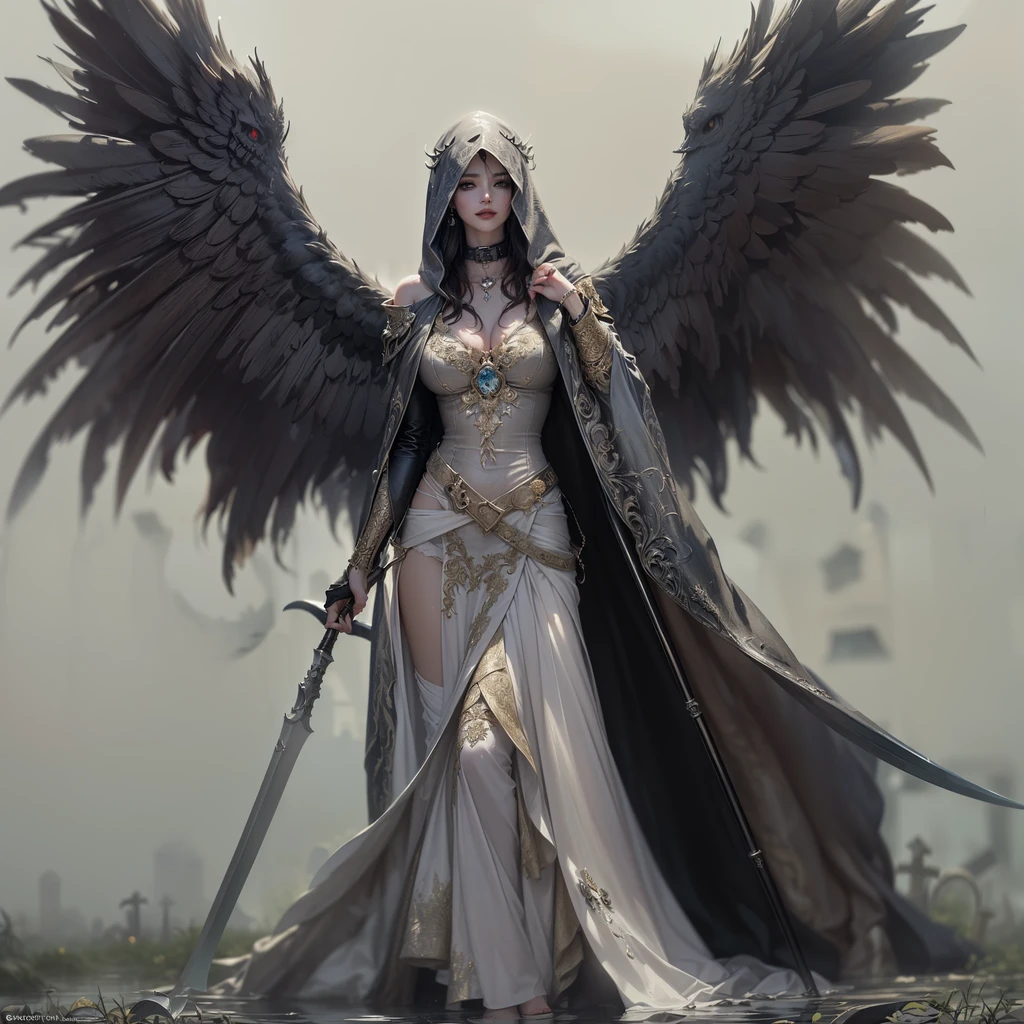 (RAW shooting:1.5, realistic:1.5, Fantasy:1.5, 8D), light and dark, (Highest quality, Masterpiece, Ultra high resolution), The Desolated Demon World, ((Perfect dynamic composition:1.7, Wear exquisite jewelry:1.6)), (Clearly separated, Angel wings and devil wings, White wings and black wings), (Realistic picture, highest resolution), The beautiful face with a calm and elegant expression, Completely gone, (A demon god with wide wings and enormous power on his shoulders., black bat wings:1.2, white angel wings:1.5), (Beautiful girl with two meter long hair, Shiny black hair, Smooth white skin, Lips are very red.), ((stand, finished)), (big breasts, big breast), (gigantic breast, breast augmentation, Breast 400 cc., small waist, hips raised, small thighs, Long legs), (dynamic poses), (Armor that slightly covers the body), Separate theme, (Angel wings and devil wings), floating in the air above the ground, background darkness, Embraced with twelve wings, He with a crown-like radiance, Those who have light, Wearing little armor, Energy comes out of the body., sparkling wings, White light, black light, Amazing wings, beautiful posture, 8K resolution, Resolution 4000 x 2250 pixels, beautiful posture, Angel wings and devil wings, (Realistic picture, highest resolution), Angel wings and devil wings, White wings and black wings, Angel wings and bat wings, Angel wings and devil wings, White wings and black wings, (เน้นที่big breastsโต, big breastโต), (gigantic breast, small waist, hips raised, small thighs, Long legs), (dynamic poses), (A form-fitting dress in black and red with beautiful patterns, Decorated with gold embroidery, Show off your body to the fullest), Tight-fitting outfit, Short film set that reveals the body, (Angelic and demonic wings separated on the back shoulders), Very full and plump breasts, Breasts that overflow and push against the fabric of the dress, see full body, See every part of the body, full body image, Visible from head to toe