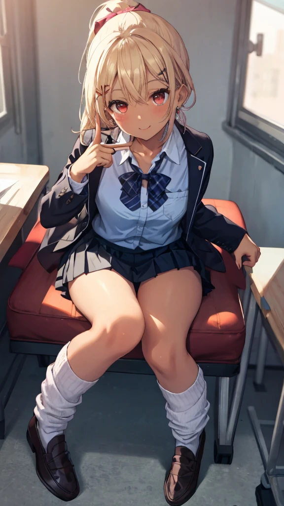 highest quality、masterpiece、1 girl、cute、high school girl、((classroom:1.5))、mini skirt、Sit on the ground with your knees upright、Kamimei、look at me、(No panties:1.3)、((shaved pussy:1.5)), ((red bow tie, school uniform, black jacket, open jacket, Brown cardigan, white shirt, black skirt, plaid skirt、white socks))、 (No panties:1.3)、((shaved pussy:1.5))、(Highly detailed labia fully exposed:1.5)