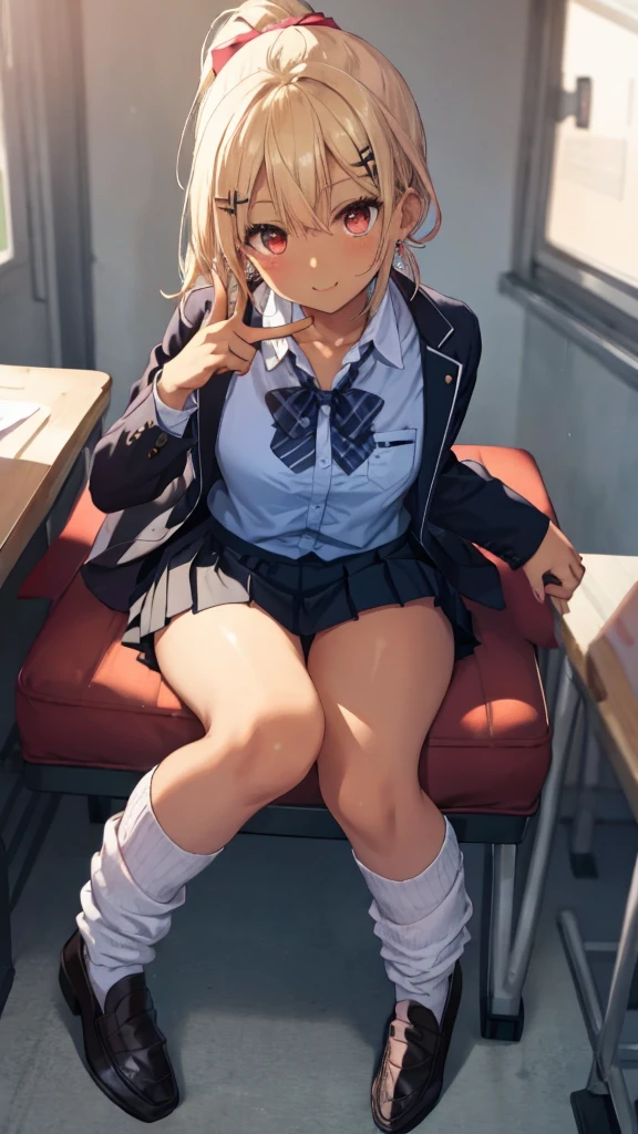(8k、Best image quality、Highest quality、masterpiece)、Detailed face、Detailed Background, 1 girl、Improve、((Brown Skin:1.3)), blonde、Pixie Cut、Earrings、((grin)), Big Tits、((White collared shirt)), (Luxurious panties in black and purple super shiny lace:1.3), ((Black pleated skirt、((mini skirt)), Sit on a chair, spread legs, Classroom Background, show off panties, panties visible, covering eyes pose, Displaying ID card around neck