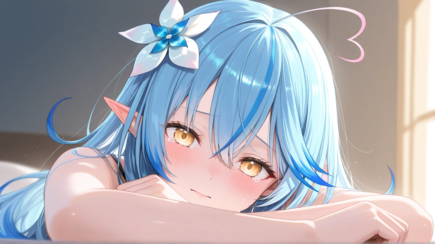 a close up of a lop ears rabbit lying down , 1girl, animal ears, solo, thighhighs, breasts, tail, hair ornament, shoulder cutout, :3, ahoge, v, (score_9,score_8_up,score_7_up), ncaaoo33, cute girl ,lop rabbit ears,medium hair,blue cute girl ,lop rabbit ears,blue hair,ahoge ,straight_hair ,crossed_bangs,blue eyes ,poolside,sundress,blue hair ribbon