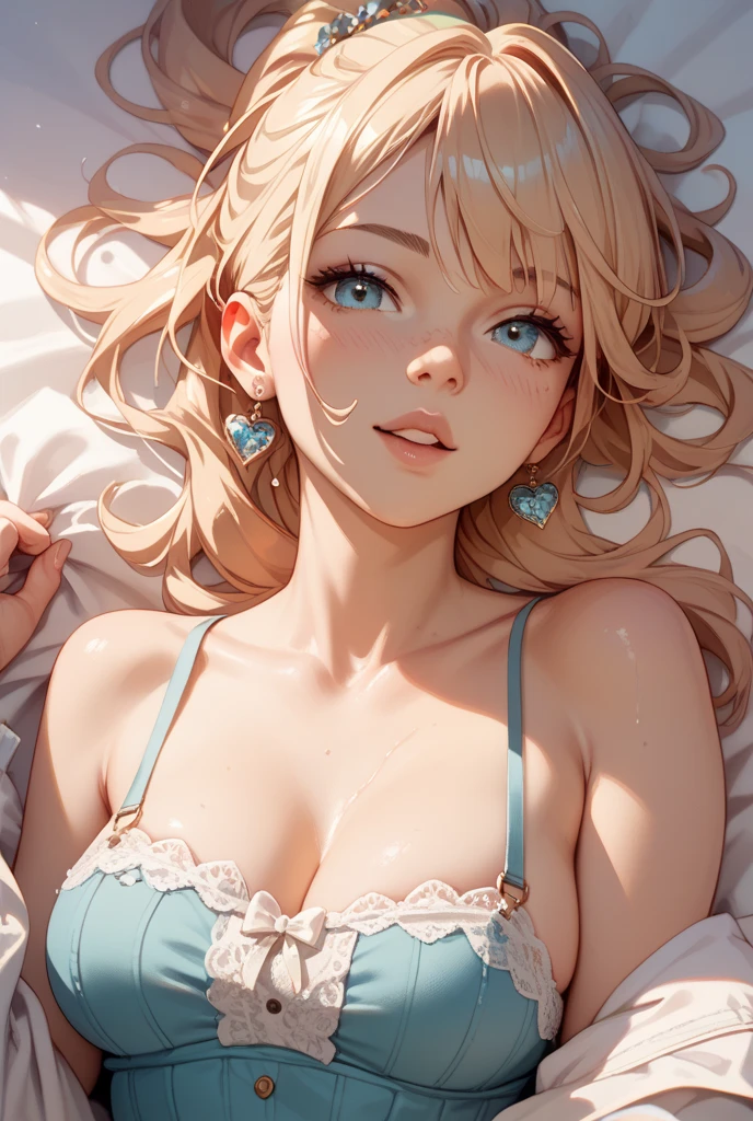 mature woman, medium breasts, pale blonde hair with bangs, wavy hair falling down the shoulders, white night dress (lingerie), green eyes, pink lips color, seduce smile, blush, naughty face, sitting on bed, Surrealism, anime style, depth of field, 8k, super detail, high details, Cinematic lighting, night time, shadow over face, Close-up, camera from the bottom up, hyper HD, Masterpiece, High details, detailed light, detailed shadow, detailed background.