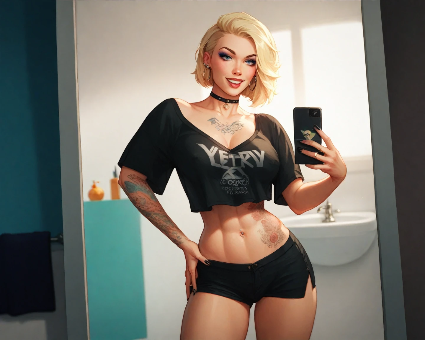 best quality, masterpiece, (photo realistic),extreme realism, milfpeaches, detailed face, (pinup girl pose)1.3, score_9,score_8_up,score_7_up,source_realistic, 1girl, (asymmetrical hair-length bob haircut), platinum blonde hair, diamond earrings, diamond choker, (braless see-through cropped top), large natural breasts, (sexy belt) ((tight) (black micro-skirt)), red thong (cameltoe)1.2, (black tights, stockings)1.3, high ponytail, cloud, highleg thong, (amazing panorama, blue sky), thick toned thighs, toned legs, outdoors, day, sky, normal angle, (multiple view:front view), uncensored
