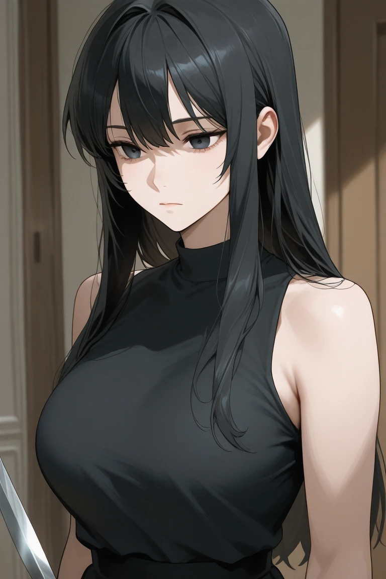 girl muscles large breasts pale skin very long hair black hair yellow eyes sad expressionless solo black night dress black night dress