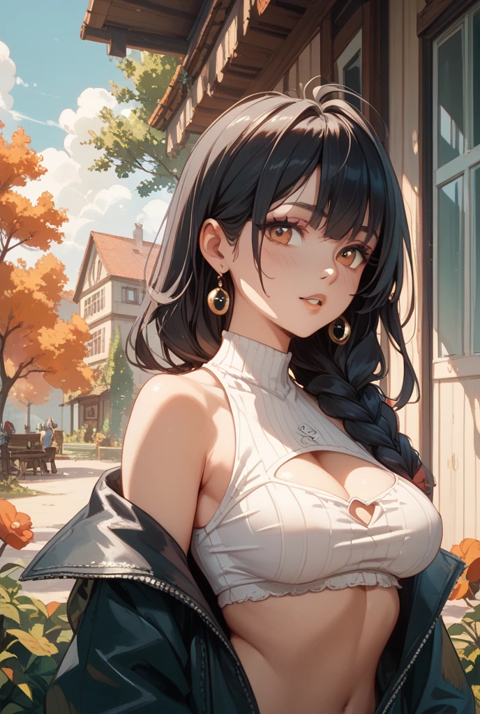 Artwork), (portraits), medium breasts (aesthetics), ((Beautiful 28 year old wolf girl)), ((long straight hair parted)), ((beautiful long brown hair)), fine tune, eyes open, eyes browns, round breasts, Female One, Woman, Female One features, high qualiy, roupas aestheticss, professional angle, (rule of thirds), Female One features, standing alone, (attractive Korean Woman), summer, (ink mist), (Afternoon), (vibrant light), seducer posture, ((anxious guy)), black off the shoulder blouse, long sleeves, long hip hop top, beautiful and stylish skirt ((energy)), (bold makeup), (medium breasts), shining skin, (Clothes with Hip Hop details), (pretty clothing), (gorgeous neckline), Body cute, gorgeous eyes, glare eyes, seducer smile, beautiful mouth, beautiful lips, (best quality, ultra detaild, photorrealistic: 1.39 ), bright and vibrant colors, studio lighting, romantic expression, seducer, seducer, in the favela in Rio de Janeiro, Funk in the distance, beautiful girl pose
