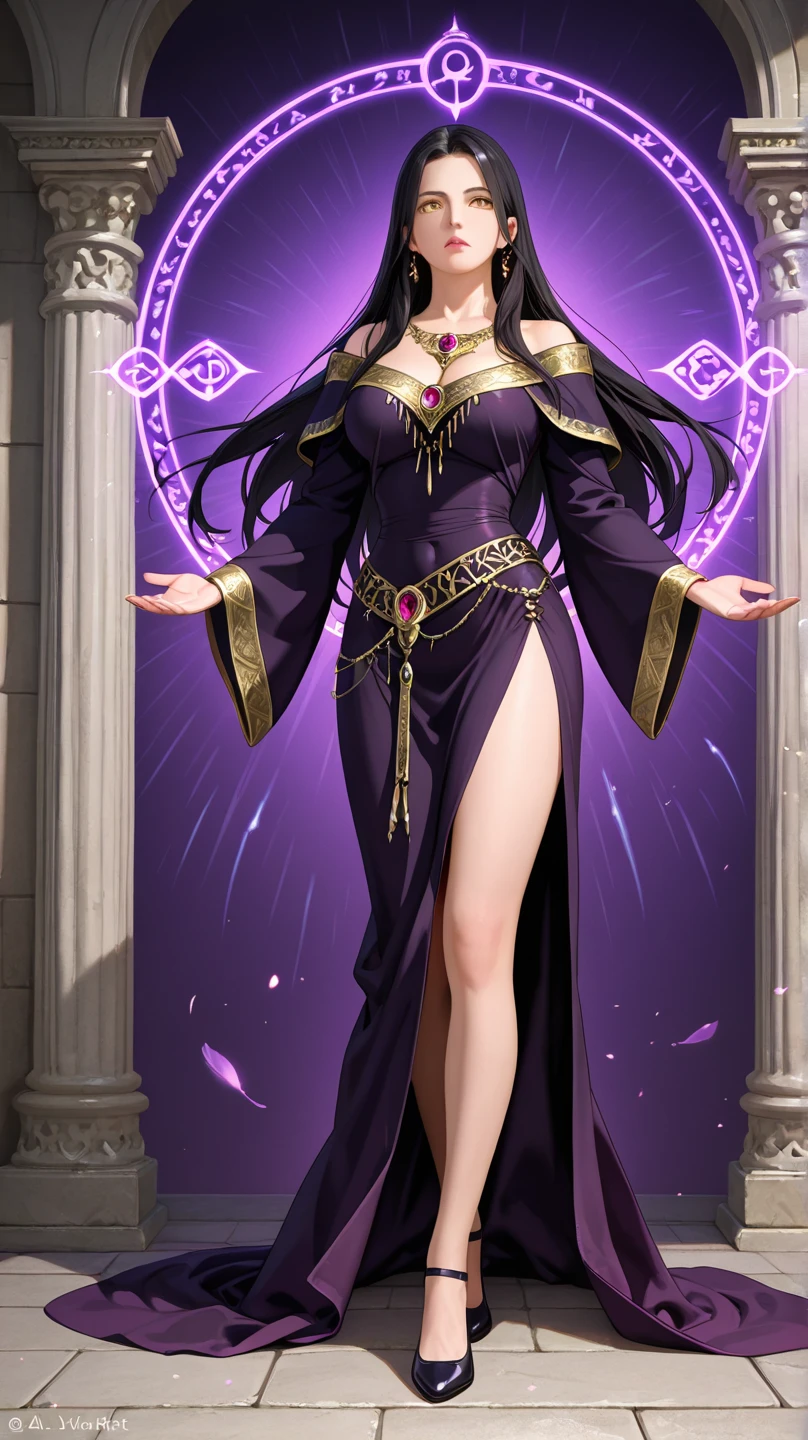 (masterpiece, top quality, best quality, official art, beautiful and aesthetic:1.2), (1girl), goddess, purple clothes, long dress, staff with crystal, long hair, red lips, light smile, closed mouth, cowboy shot,