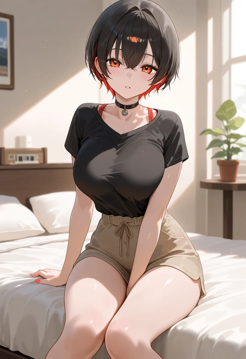 (masterpiece, highest quality:1.2), bazett, FGO, One girl, alone, short hair, Redhead, bangs, Red eyes,  blush、Big Breasts, White bra, Upper Body, Earrings, (Cute white panties)、Sit on the sofa、(((Legs apart)))