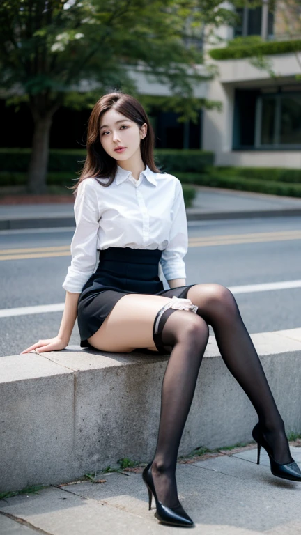 best quality, full body portrait, delicate face,very cute and pretty face, 15 year old female, slim body, , OL uniform, office uniform, black stockings, outdoor scene, Sitting position, spread legs
